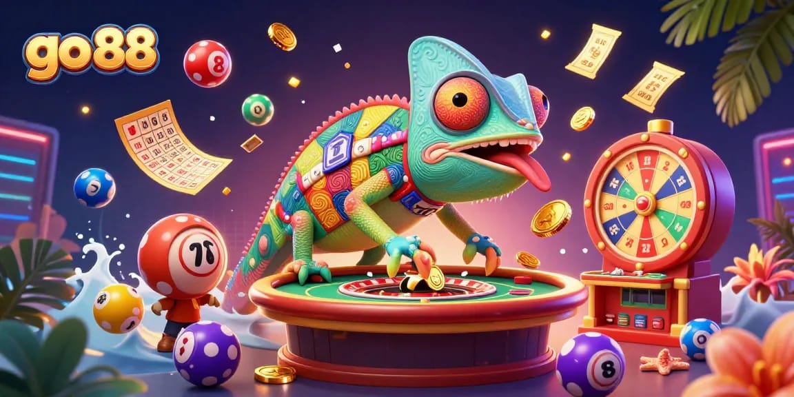 Engage with the vibrant scene of go 88 showcasing the lively chameleon casino owner amidst colorful lottery elements.