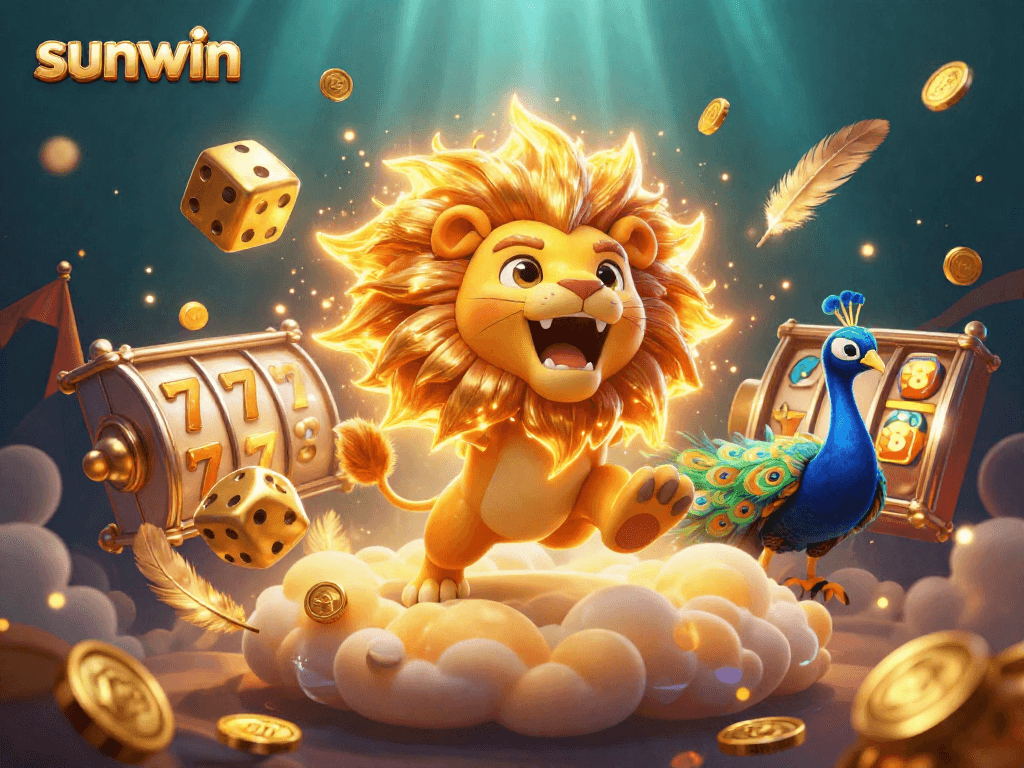 Experience the thrill of sunwin slots with this vibrant casino illustration featuring a roaring sun lion.