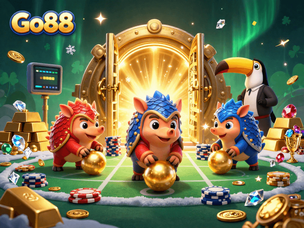 Compete at Go88 with animated pangolins bowling through poker chips in a dynamic casino scene.