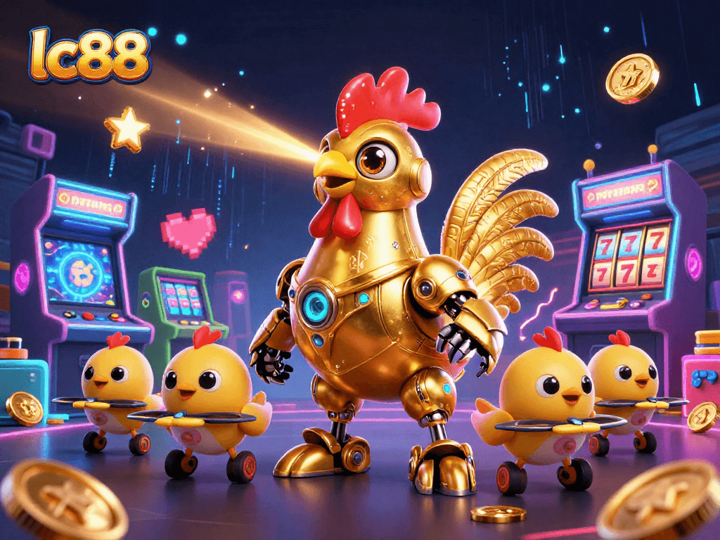 Experience the thrill of lc88 with a golden rooster robot and baby chick drones in a vibrant casino scene.