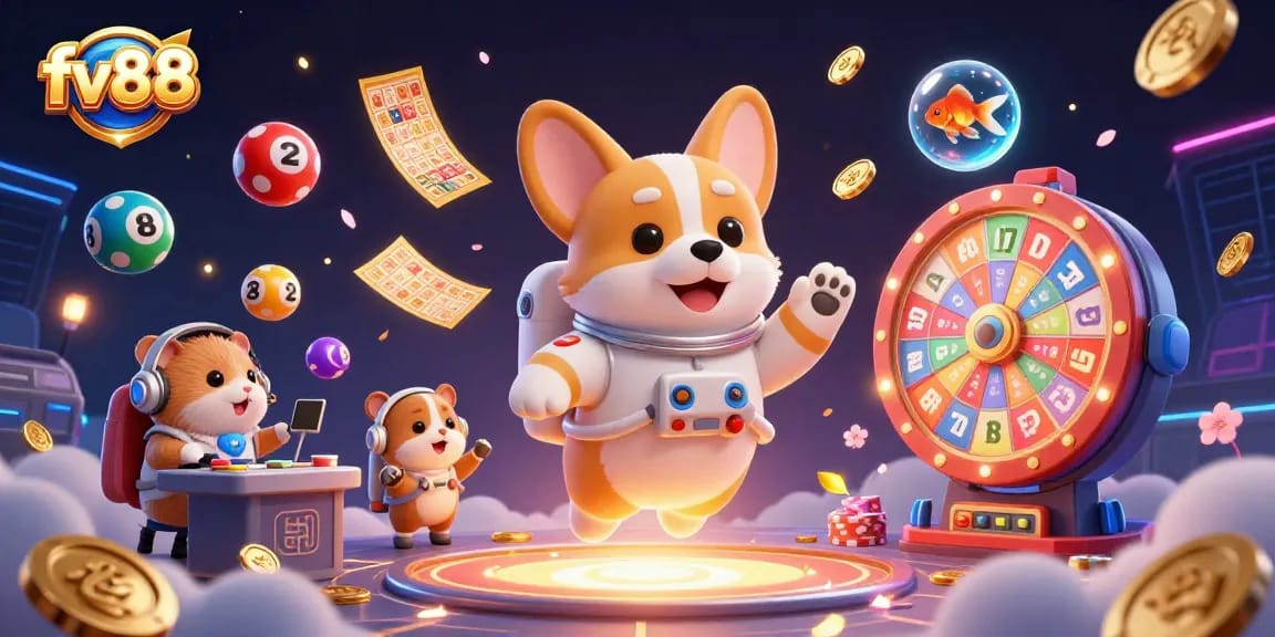 Engage in thrilling gaming action at fv88 with a lively 3D space casino scene featuring playful characters.
