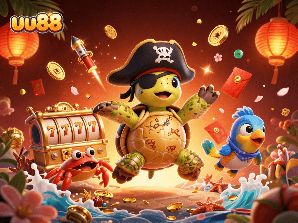 uu88 offers thrilling gaming adventures with a colorful pirate scene, vibrant 3D graphics, and engaging casino elements.