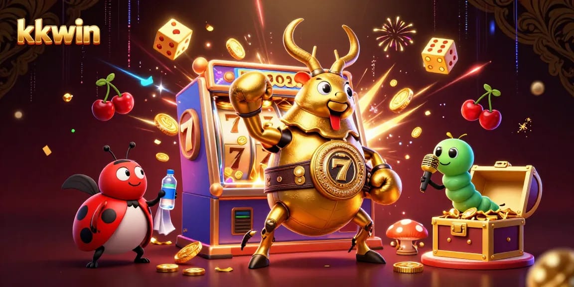 Engage in thrilling kkwin casino action with a dynamic 3D beetle boxing champion and exciting jackpot scene.