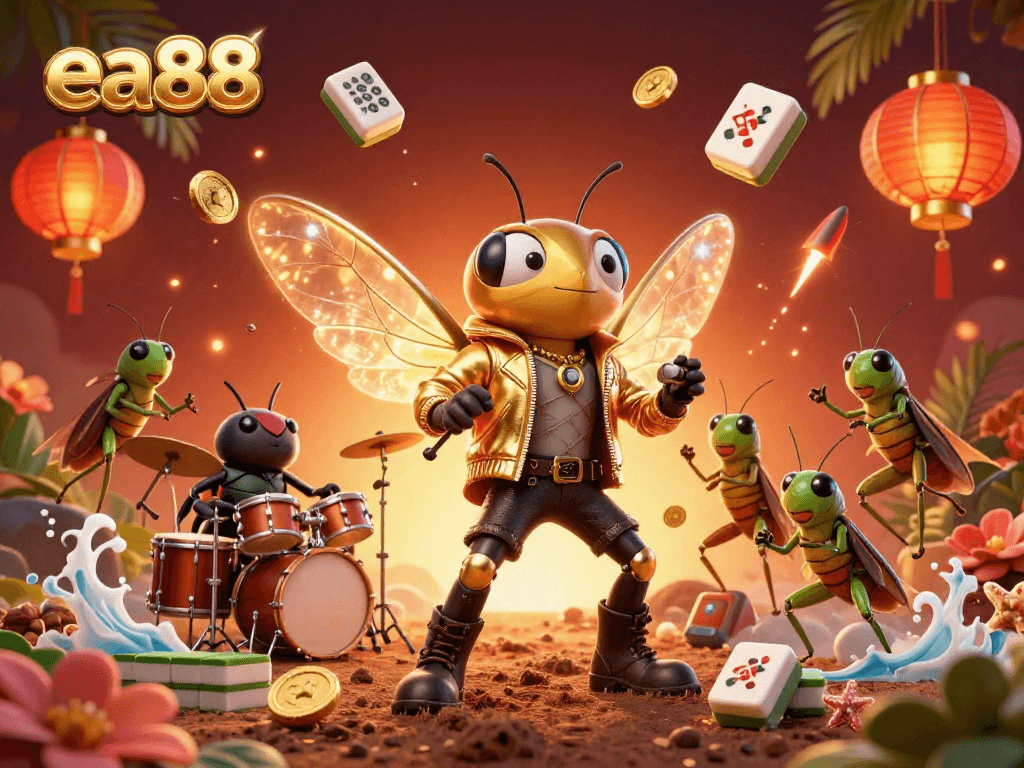 Join the excitement at ea88 with a vibrant scene of a rock star cicada and friends delivering thrilling gaming adventures!