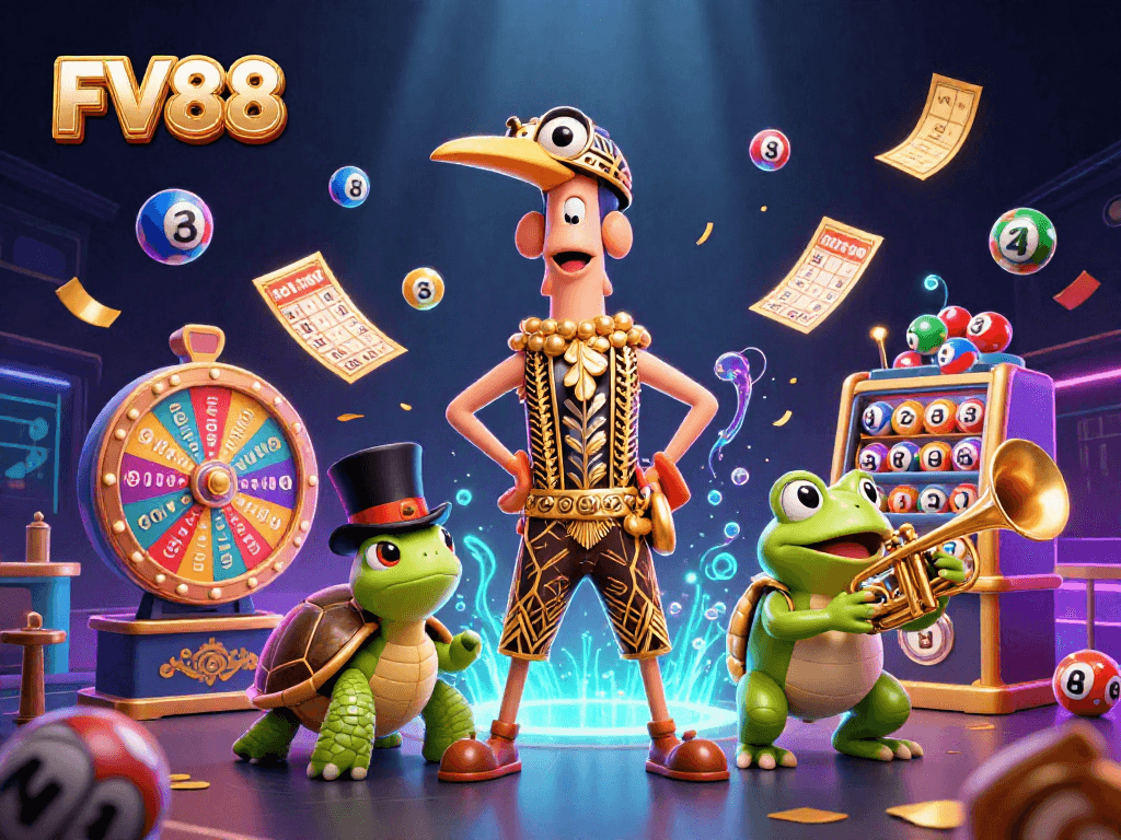 Experience winning excitement at FV88 with colorful lottery elements and vibrant casino characters