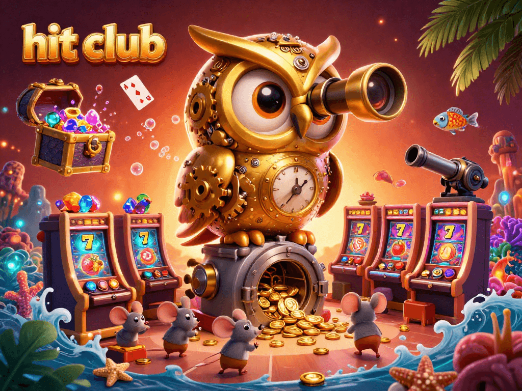 Engage with the hit club's vibrant casino scene featuring a golden owl and dynamic game elements.
