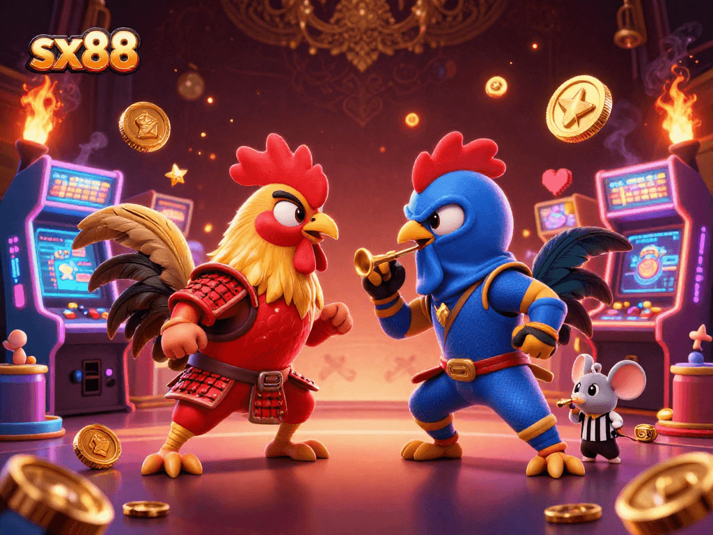sx88 engages players in a thrilling showdown between rooster warriors in a dynamic casino setting.
