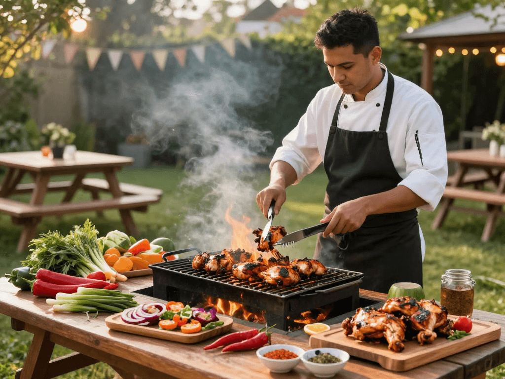 Delicious rokok88 marinated grilled chicken in a vibrant outdoor setting.