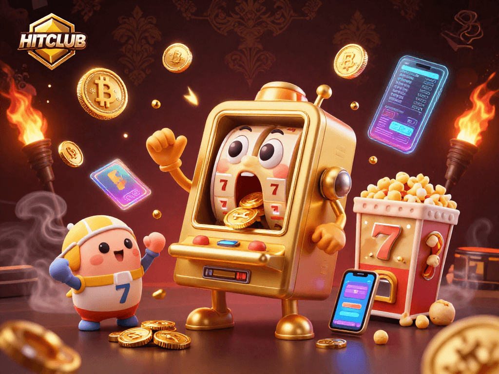 Experience HITCLUB's thrilling gameplay with a golden slot machine hitting a jackpot, surrounded by exciting elements.