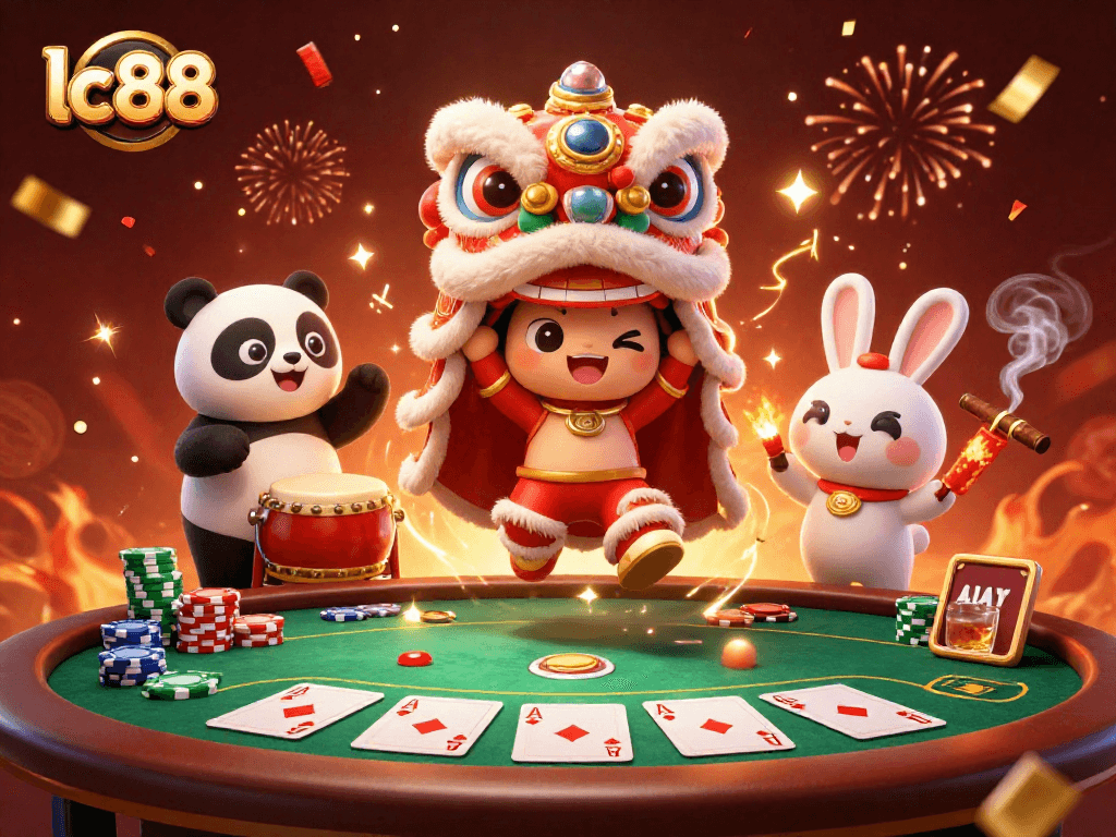 Experience excitement at lc88 with a vibrant lion dance and poker scene filled with action.
