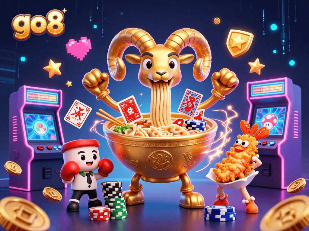 Join the vibrant action at go8 with a golden ramen bowl dealer surrounded by animated casino elements.