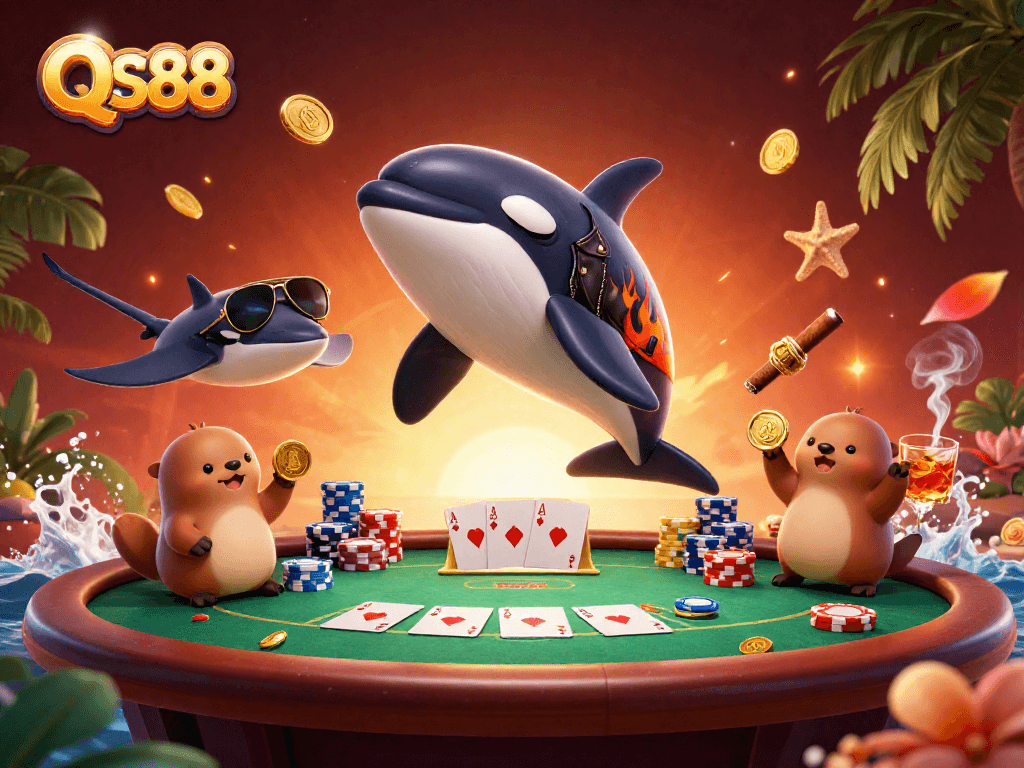 Experience the vibrant action at QS88 with an orca whale and friends celebrating wins at a poker table.