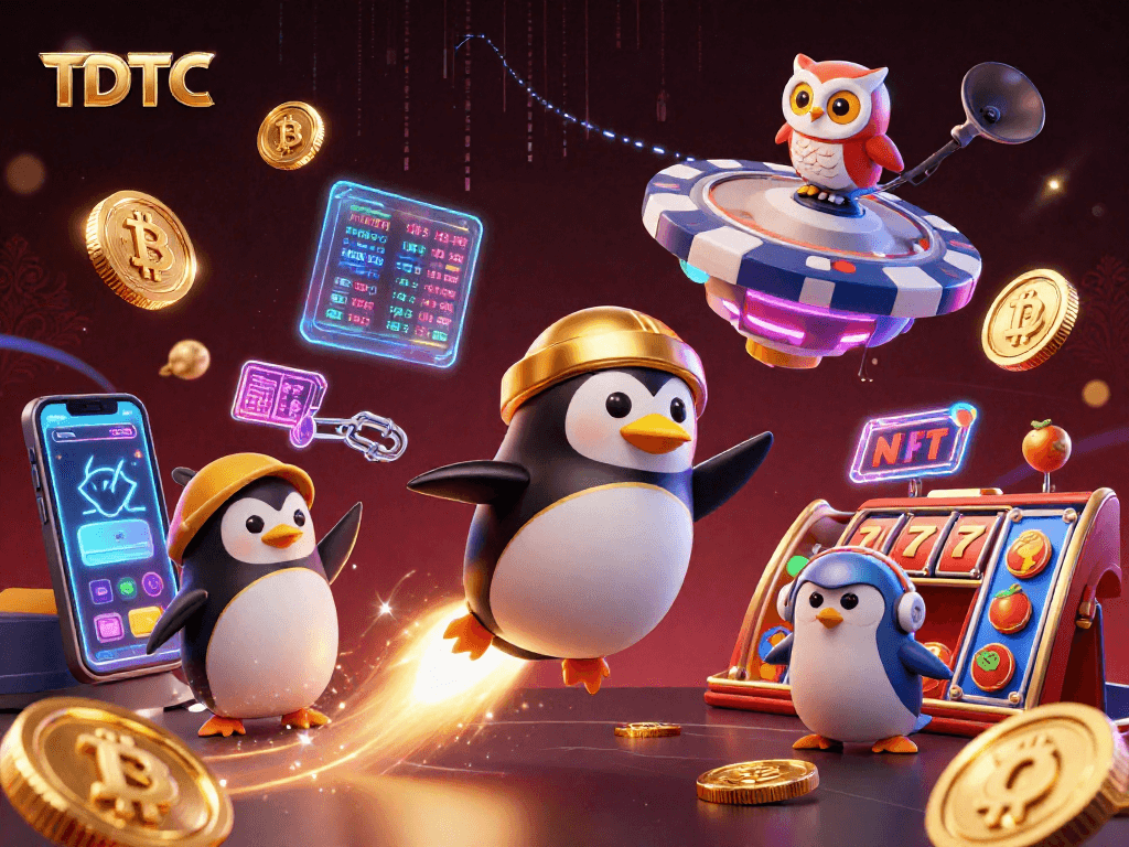 Engage with TDTC's immersive gaming world showcasing a golden penguin and vibrant casino elements.