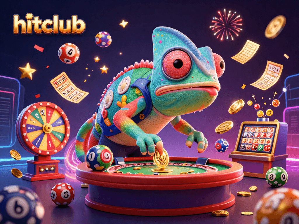 Experience the excitement of hitclub with chameleon casino owner amidst dynamic gaming elements and golden coins.