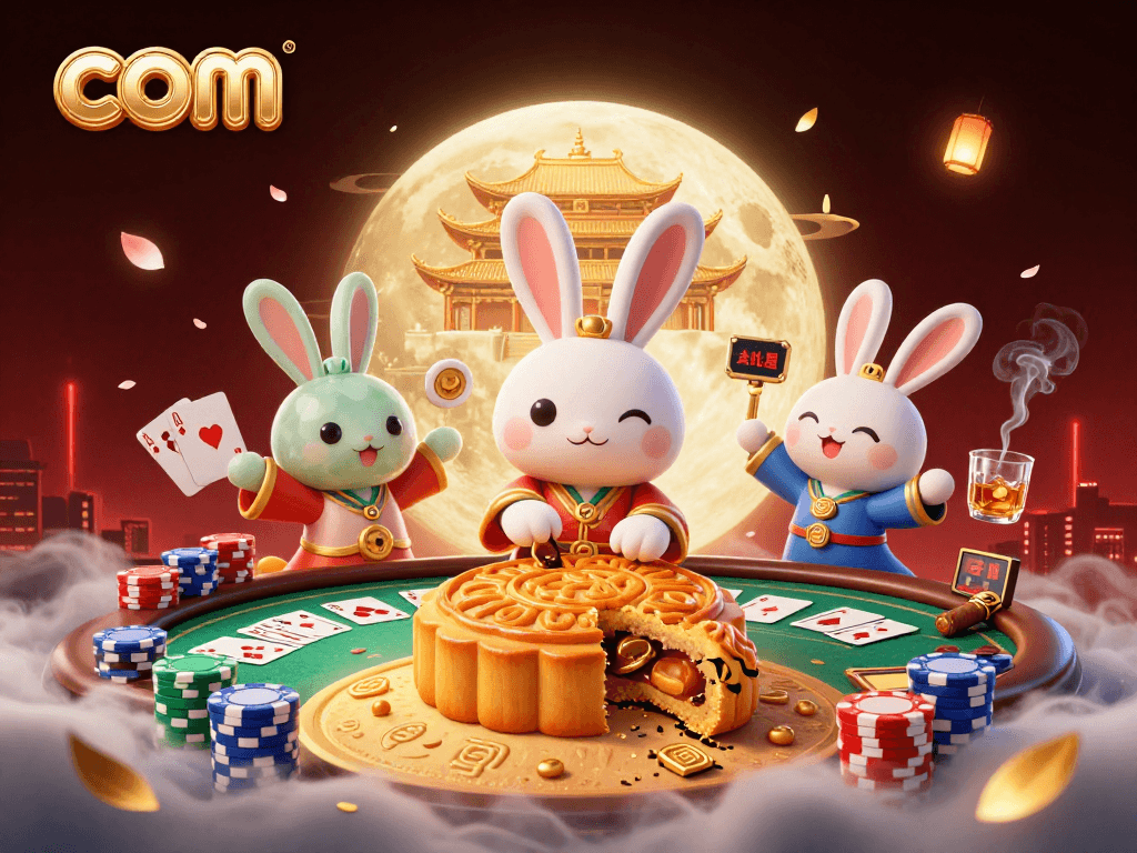 Engage in thrilling games on com with the moon rabbit at a vibrant casino scene.