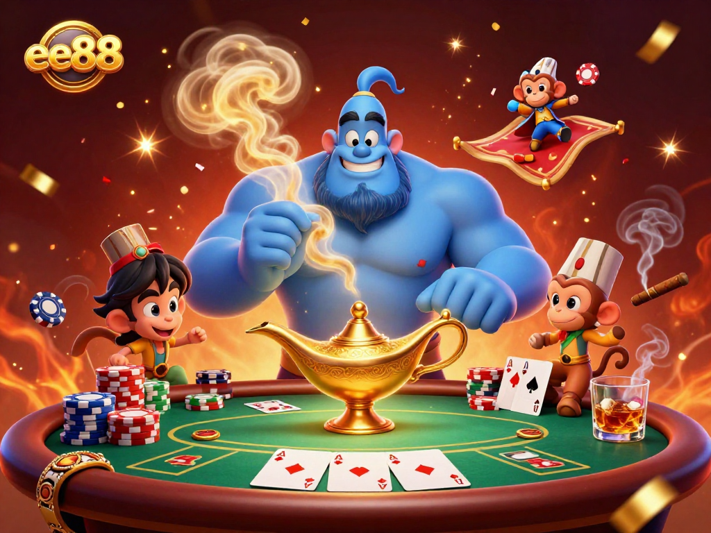 Experience thrilling poker gameplay with ee88, featuring a dynamic scene of a genie, monkey, and poker elements.