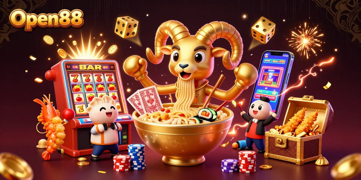 Engage with Open88's vibrant 3D casino scene featuring a golden ramen bowl dealing cards and cheering characters.