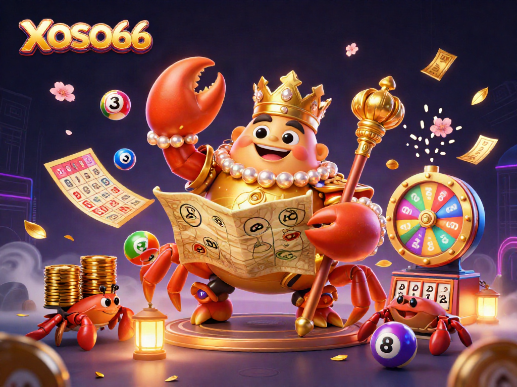XOSO66 engages players in a vibrant and dynamic lottery scene filled with colorful elements and fairy tale characters.