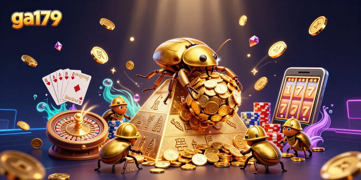 Experience the thrill of ga179 with a golden beetle rolling coins in a vibrant casino scene.