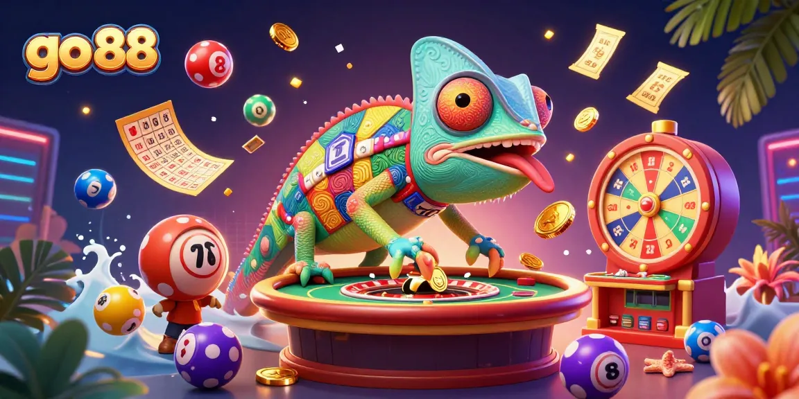 Engage with the vibrant scene of go 88 showcasing the lively chameleon casino owner amidst colorful lottery elements.