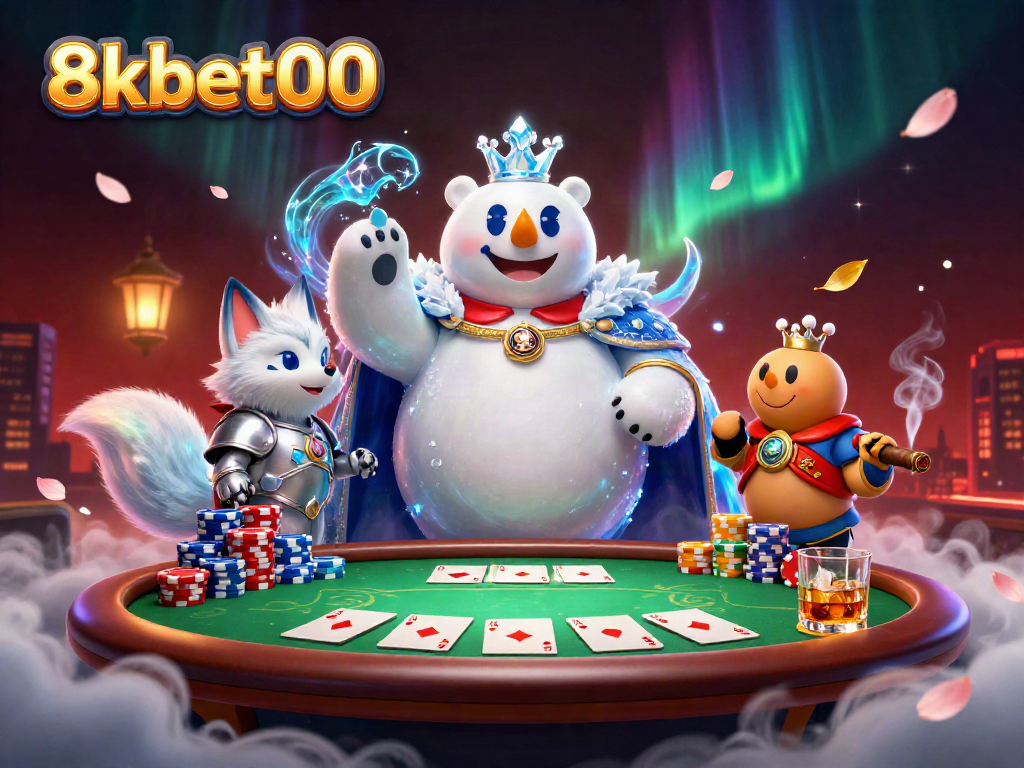 Experience thrilling poker at 8xbet00 with an ice king polar bear and snow fox in this vibrant casino illustration.