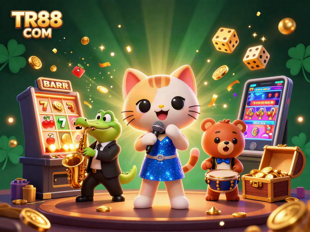 Experience TR88 COM with a vibrant illustration featuring playful casino characters and exciting gaming elements.