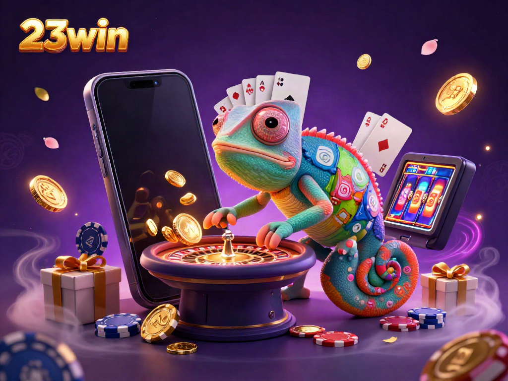 Experience the thrilling world of 23win with vibrant casino elements and a playful chameleon owner.