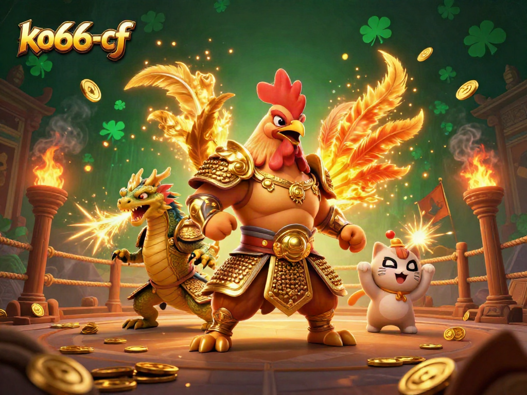 Engage with the vibrant world of gambling in ko66-cf, featuring a samurai rooster and dragon amidst golden sparks.