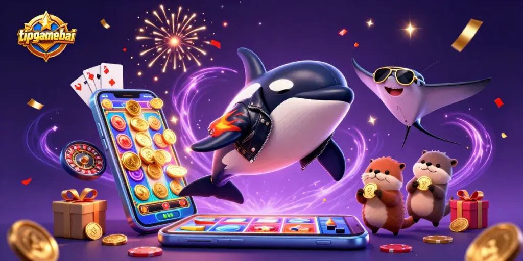 Experience tipgamebai magic with orca, stingray, and otters enjoying golden coins and vibrant games.