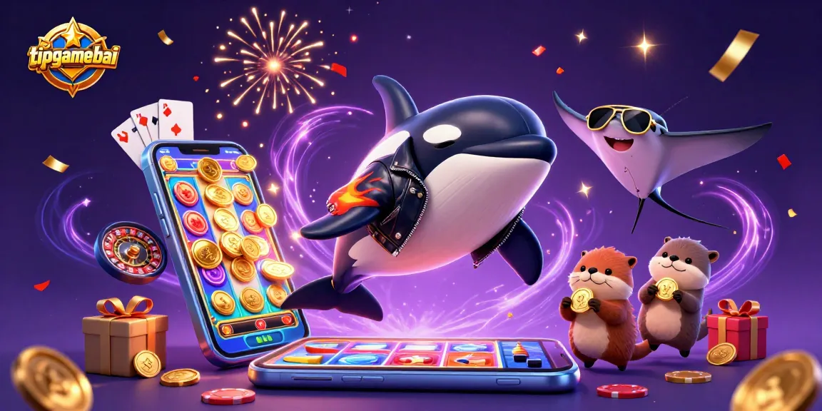 Experience tipgamebai magic with orca, stingray, and otters enjoying golden coins and vibrant games.