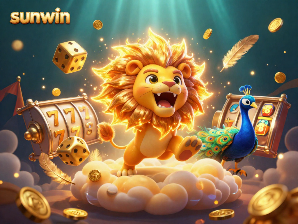 Experience the thrill of sunwin slots with this vibrant casino illustration featuring a roaring sun lion.