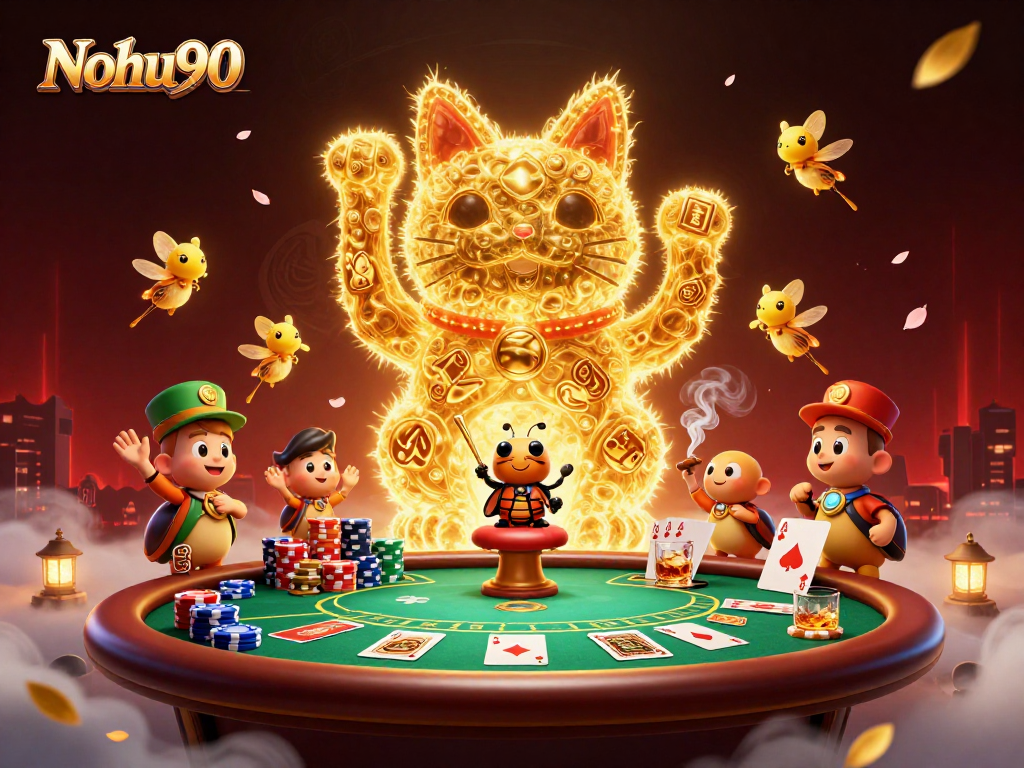 Nohu90 showcases a vibrant casino scene with golden fireflies and poker elements for engaging gameplay.