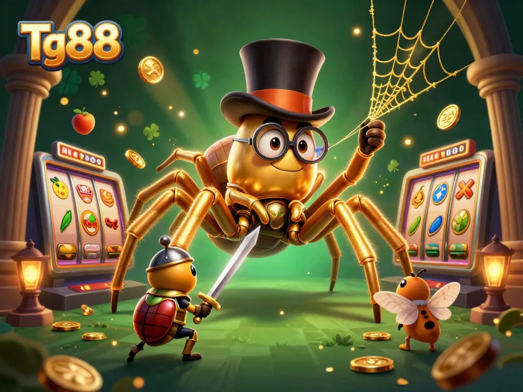 Tg88 showcases a vibrant casino scene featuring a golden tarantula and knight, packed with exciting slot game elements.