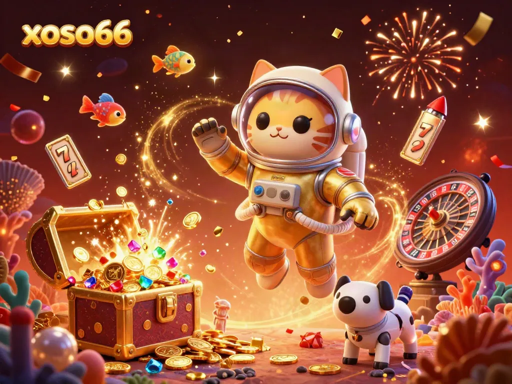Engage with xoso66's vibrant casino adventure featuring an astronaut cat amidst lucky slot elements.