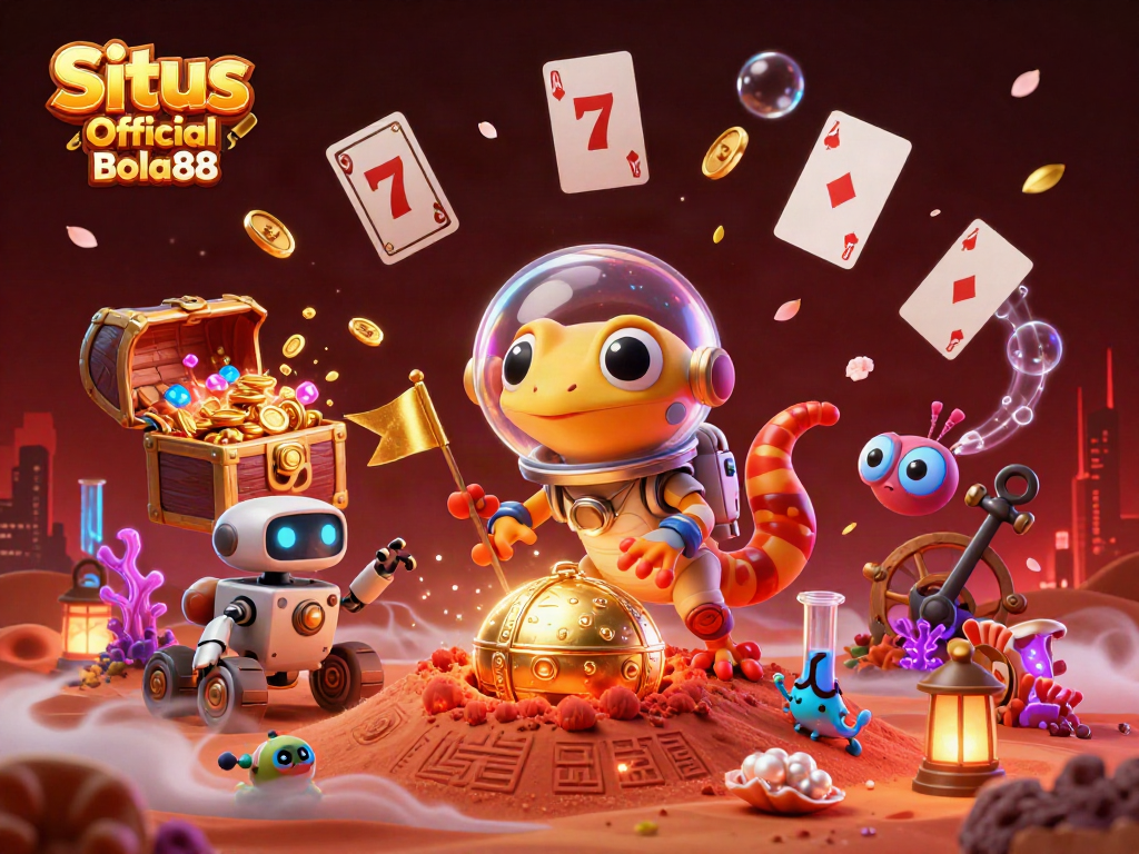 Situs Official Bola88 showcases a Martian gecko discovering a golden casino, packed with vibrant casino elements.