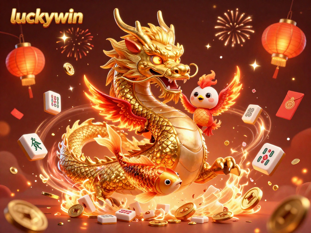 Experience thrilling gaming at luckywin with a fierce dragon and lucky koi fish in a vibrant casino scene.