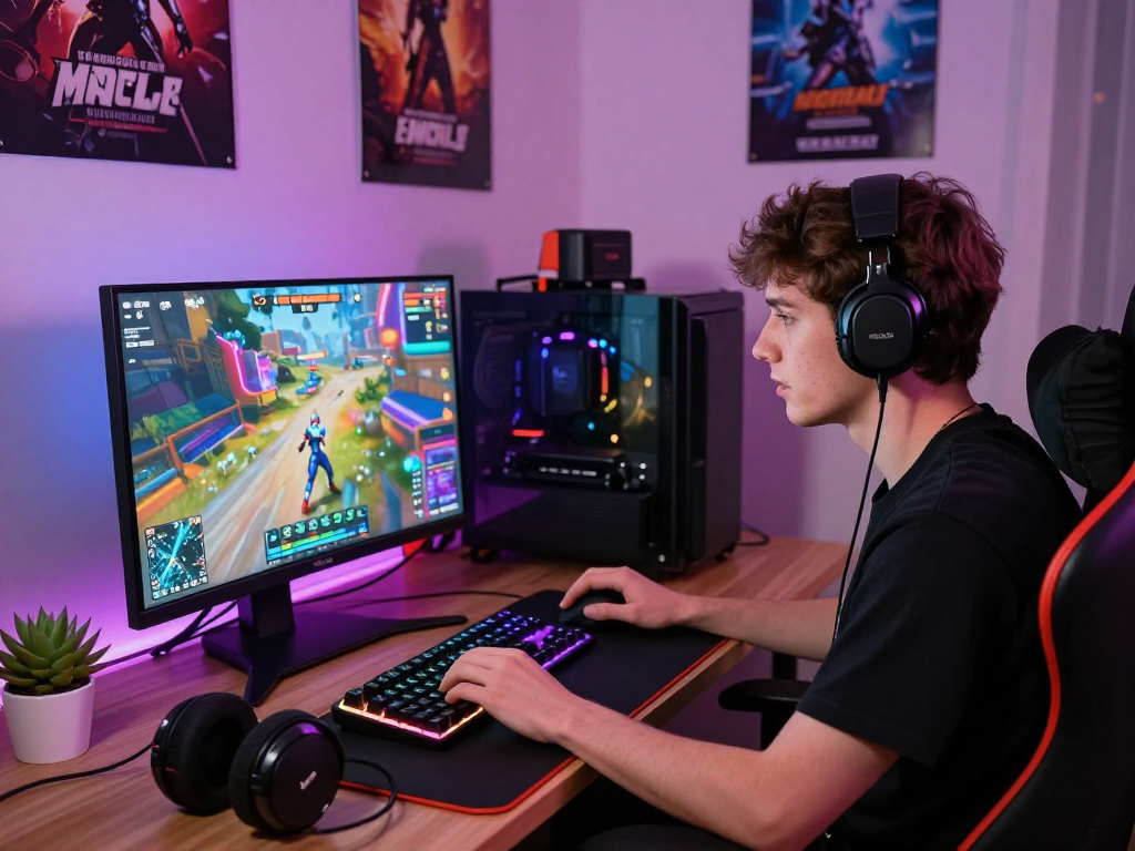 Engaged gamer playing sex games online on a stylish desk setup with vibrant visuals.