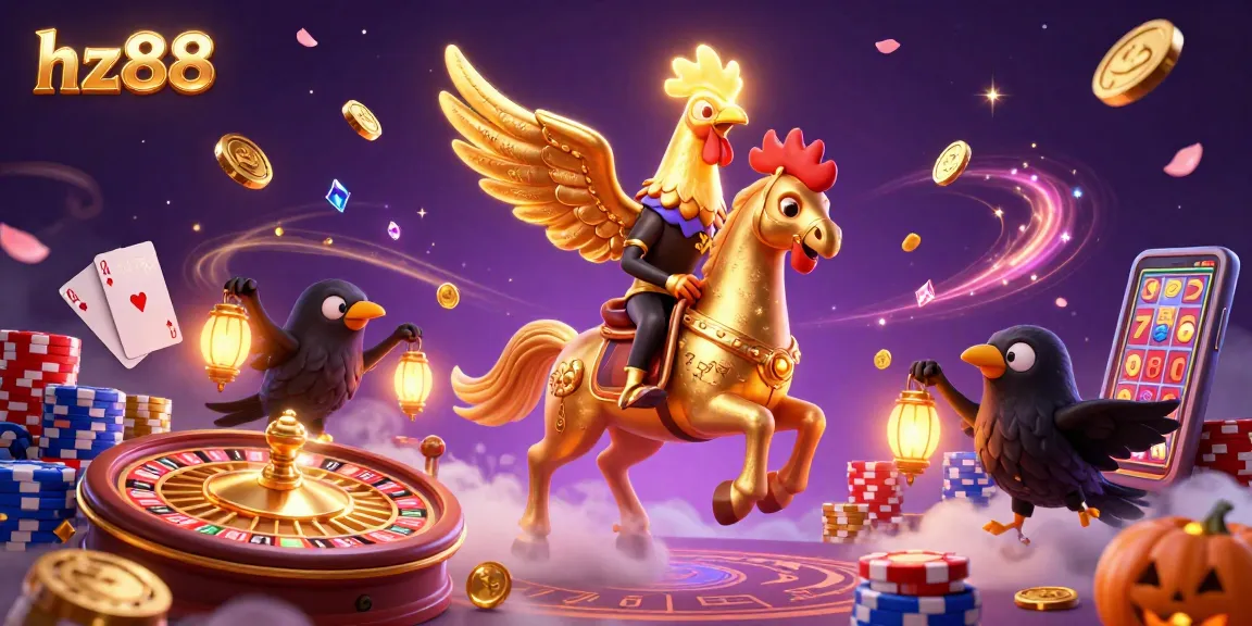 Experience thrilling gameplay at hz88 with a golden rooster, coins, and vibrant casino elements.