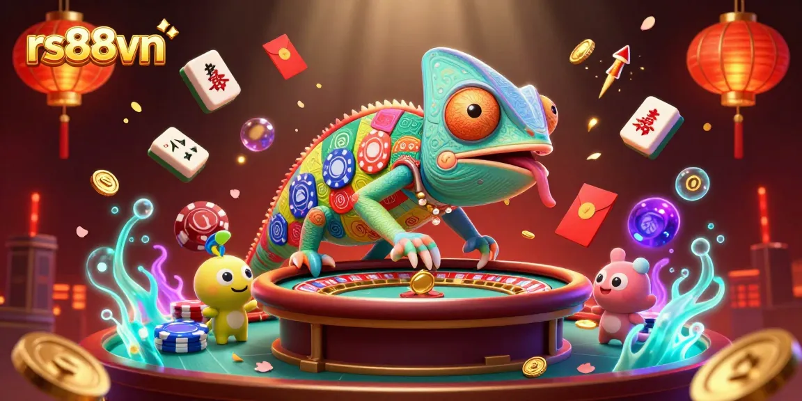 Experience the vibrant world of rs88vn as a chameleon casino owner collects golden coins amidst a lively gaming scene.