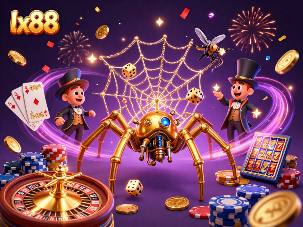 Lx88 showcases a dynamic 3D casino scene with a golden spider and lucky gaming elements.