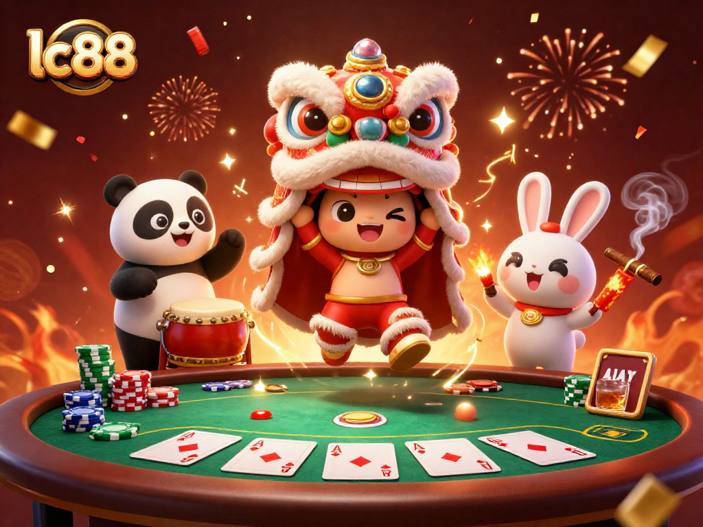 Experience excitement at lc88 with a vibrant lion dance and poker scene filled with action.