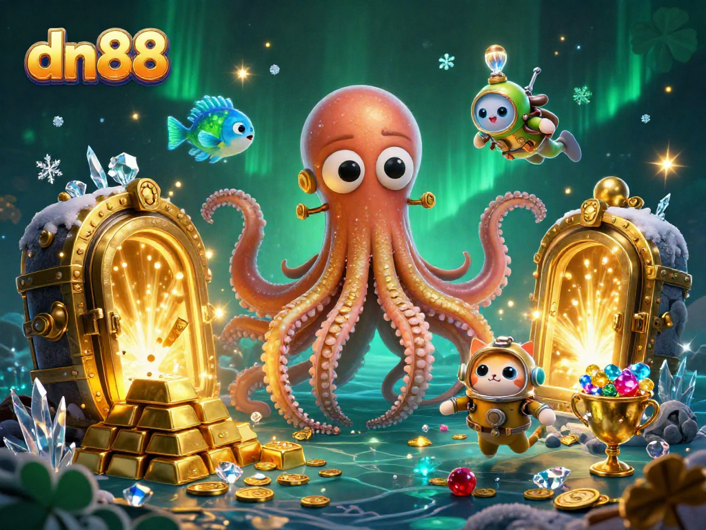 Engage with thrilling dn88 adventures as a kraken, diving cat, and glowing fish celebrate a jackpot.
