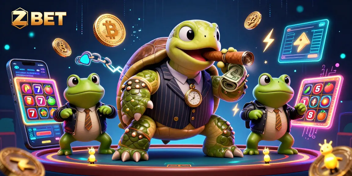 ZBET offers a vibrant casino scene with iconic characters and crypto-themed elements.
