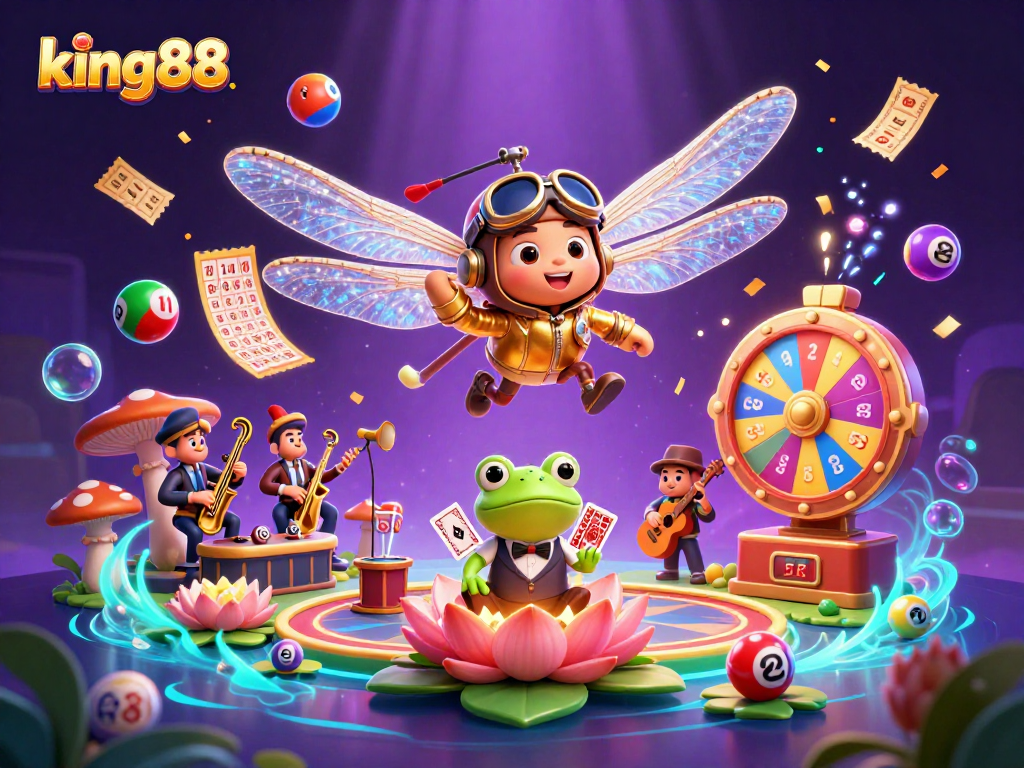 Experience the excitement of king88 with a vibrant casino scene featuring lively characters and dynamic elements.