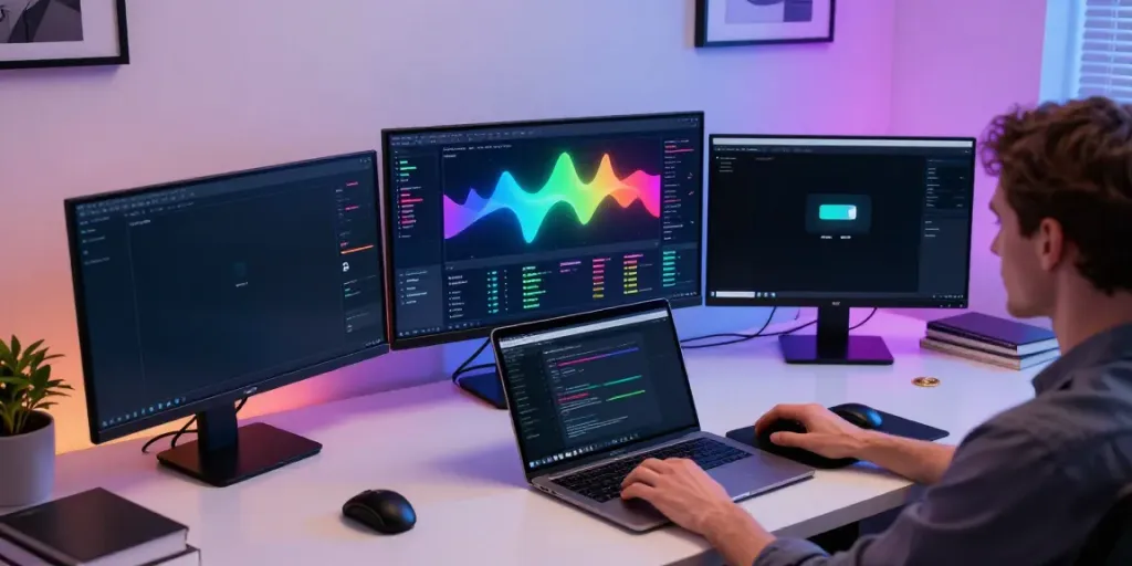 Advanced crypto forensic investigator workspace with live trading data on screens, secure digital wallet, and analytical tools