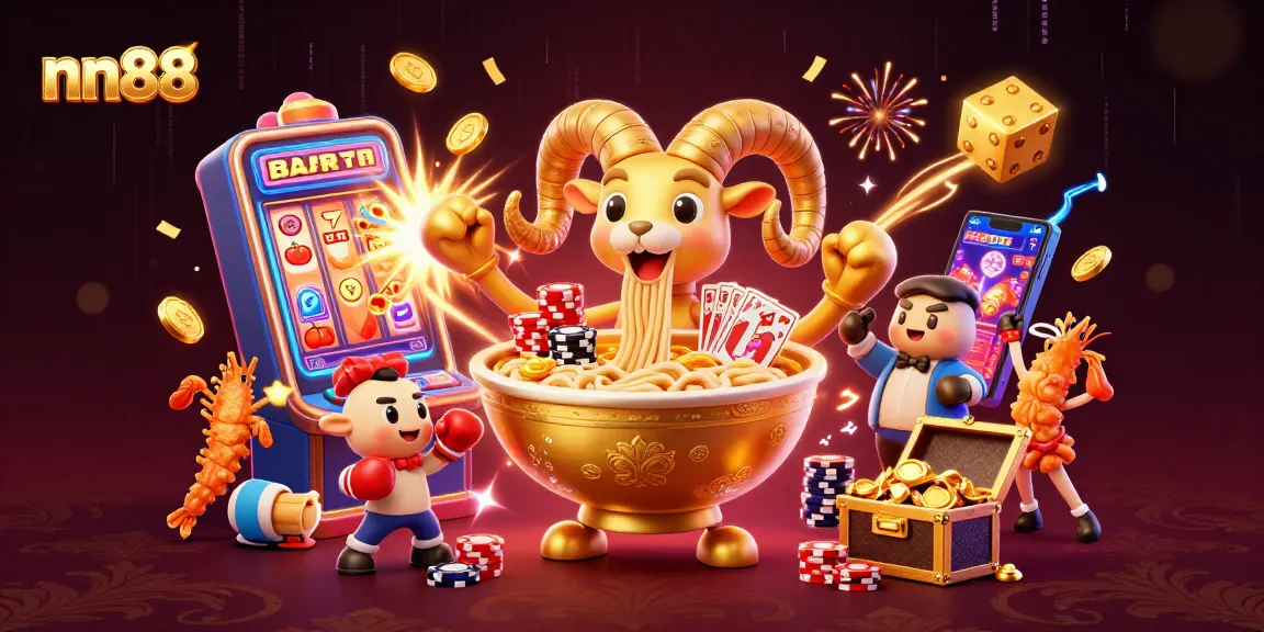 Win big at nn88 with a dynamic 3D illustration featuring vibrant casino elements and characters.