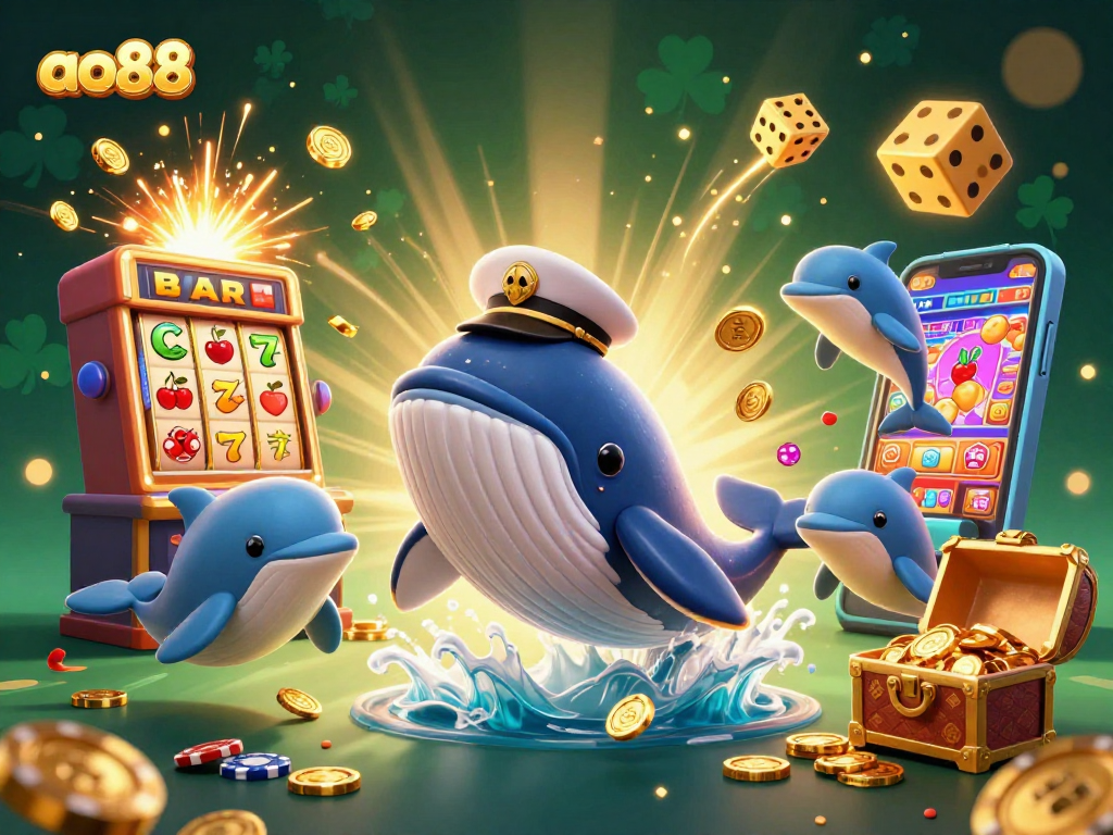 Experience the vibrant world of ao88 with a thrilling jackpot scene featuring a cartoon whale and playful dolphins.