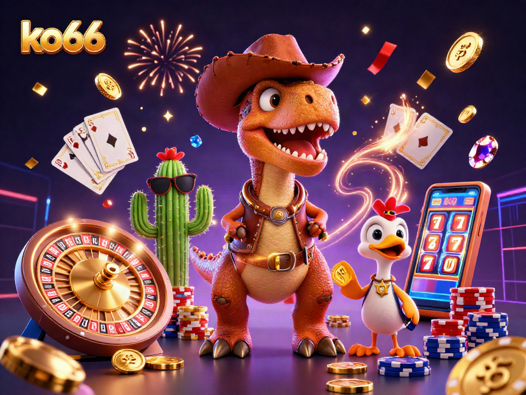 Experience engaging gameplay with ko66 alongside a cowboy dinosaur and captivating casino elements.
