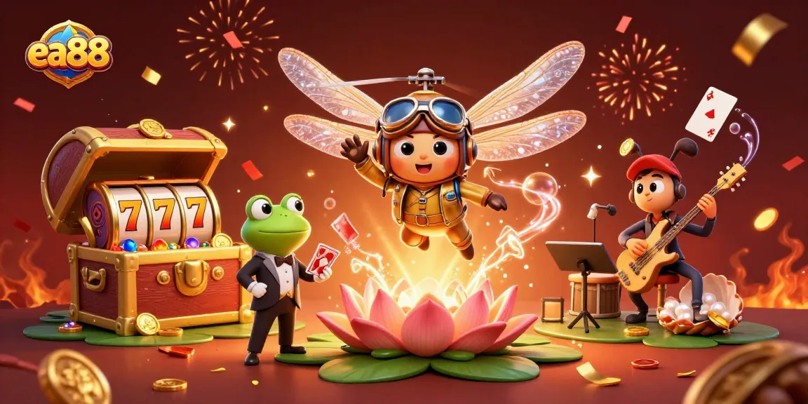 Join the excitement of ea88 casino with the dragonfly pilot and frog dealer amidst vibrant gaming elements.