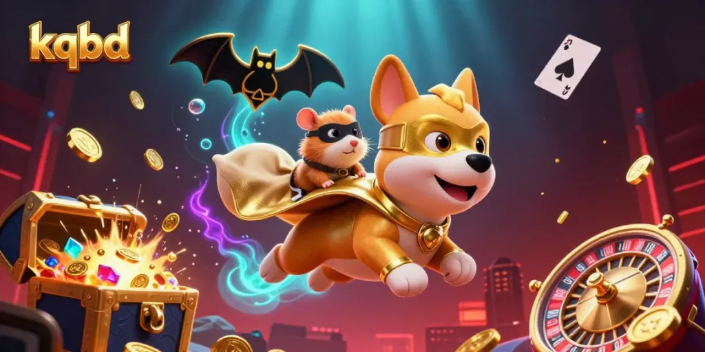kqbd showcases a superhero dog with a golden cape, floating surrounded by casino elements, ideal for gamblers.